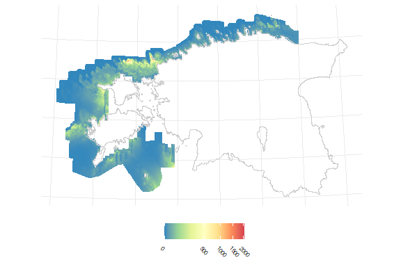 Talvituvate aulide asustustihedus (is / km^2) avamerel 2021. aasta talvel (mudelprognoos).