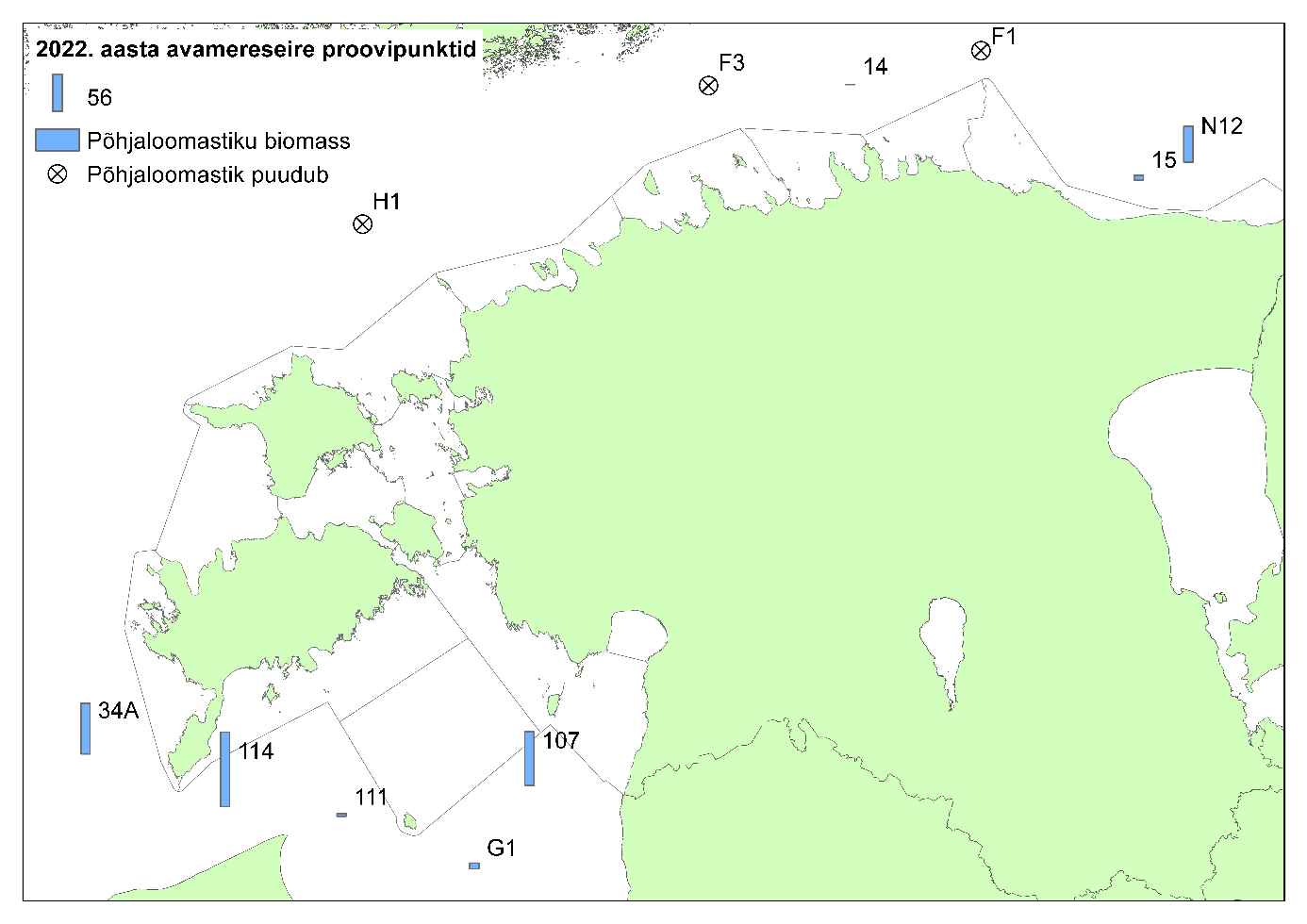Põhjaloomastiku levik ja biomass (g/m2 ) avamereseire jaamades 2022. aastal