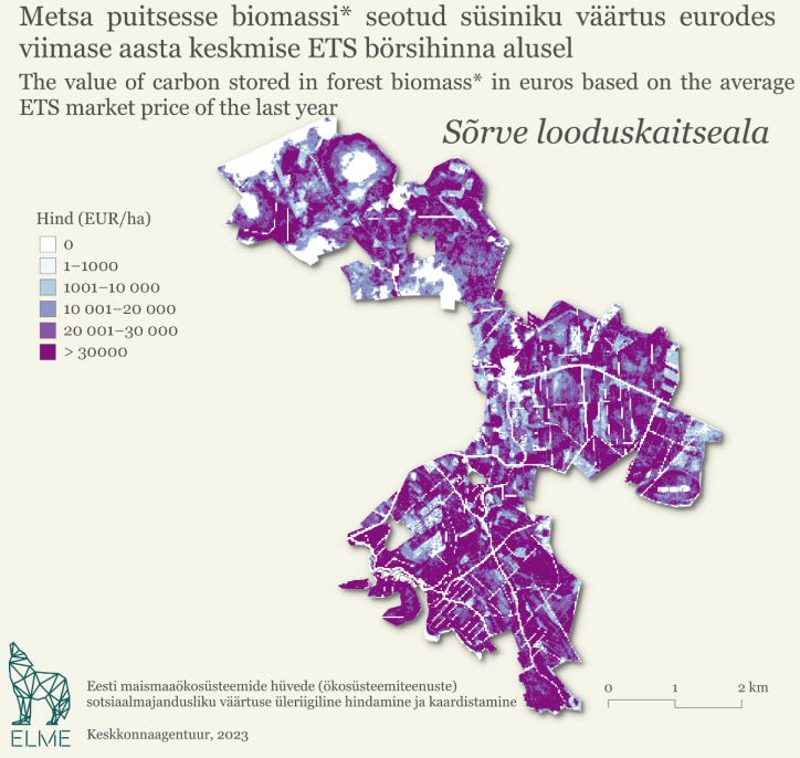 Metsa puitsesse biomassi seotud süsiniku väärtus eurodes viimase aasta keskmise ETS börsihinna alusel