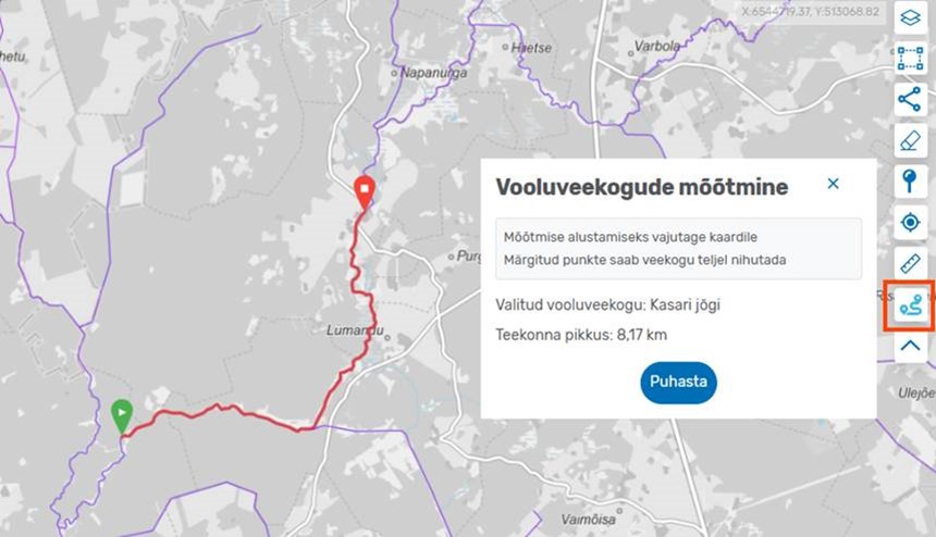 Vooluveekogude mõõtmine kaardirakenduses