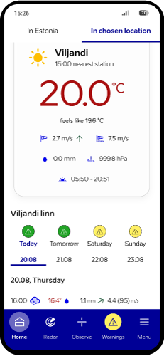 ILM+ app screenshot of data from weather station and forecast with warnings.