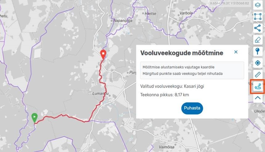 Vooluveekogude mõõtmine kaardirakenduses